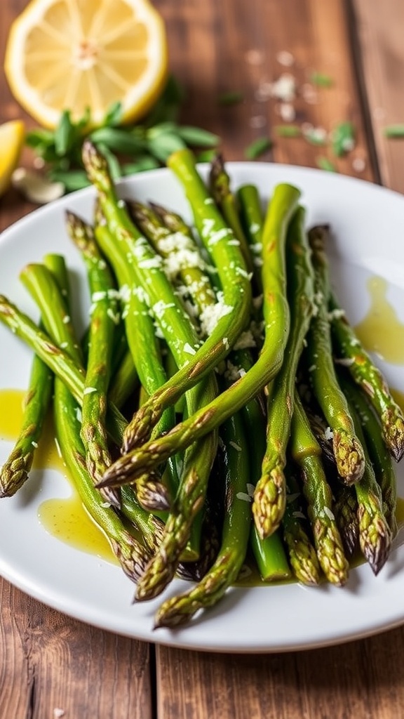 Oven Roasted Asparagus Recipe A plate of oven roasted asparagus garnished with Parmesan cheese on a wooden table with lemon.